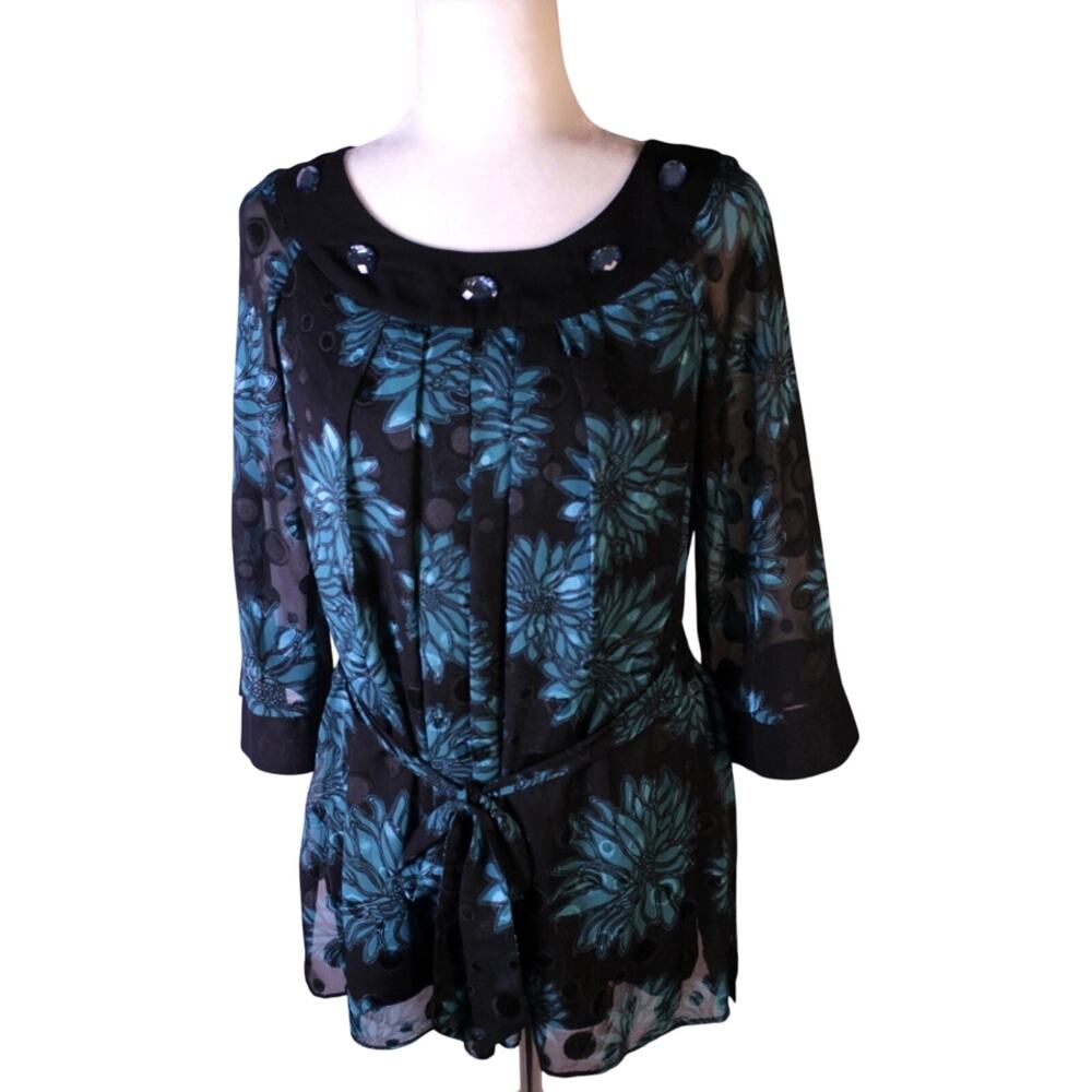 Dana Kay Sheer Tunic Blouse • Size 8 • Teal Floral • Gem Neckline • Belt • EUC